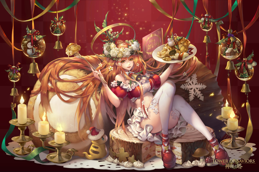 1girl bell breasts brown_eyes brown_hair cake candle candlestand candy christmas convenient_leg copyright_name doily food fork halo head_wreath highres holding holding_fork holding_plate holly long_hair looking_at_viewer madarame_(kagetsu) medium_breasts merry_christmas midriff neck_bell official_art plate red_background red_footwear short_sleeves sitting snow_globe snowflakes sweets thighhighs tower_of_saviors very_long_hair