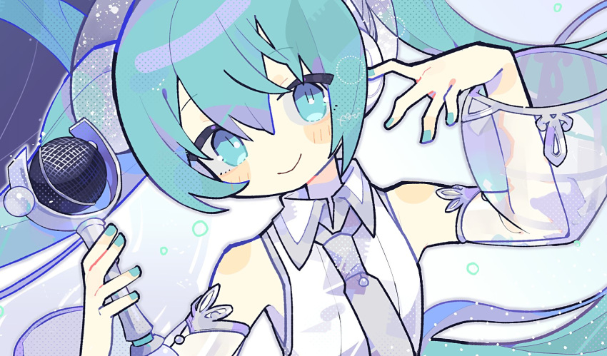 1girl bangs blush_stickers closed_mouth commentary detached_sleeves eyebrows_visible_through_hair green_eyes green_hair green_nails grey_necktie hands_up hatsune_miku hatsune_miku_expo headphones highres holding holding_microphone long_hair long_sleeves looking_at_viewer mamimu_(ko_cha_22) microphone nail_polish necktie see-through_sleeves shirt smile solo twintails upper_body vocaloid white_background white_shirt wide_sleeves