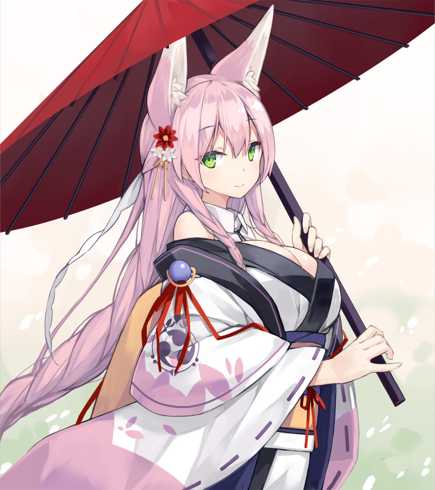 1girl animal_ear_fluff animal_ears bare_shoulders breasts cleavage commentary commentary_request eyebrows_visible_through_hair flower fox_ears fox_girl green_eyes hair_flower hair_ornament highres holding japanese_clothes kimono kitsune kuroino_(poco) large_breasts long_hair looking_at_viewer looking_to_the_side momoyama_tsutsune obi original pink_hair poco_(asahi_age) sash solo very_long_hair