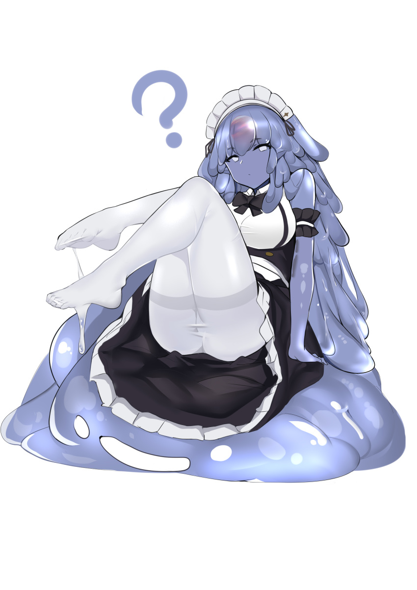 1girl ? absurdres ass blue_hair breasts eyebrows_visible_through_hair goo_girl highres long_hair maid maid_headdress monster_girl original pantyhose simple_background slm solo thighband_pantyhose very_long_hair white_background white_legwear