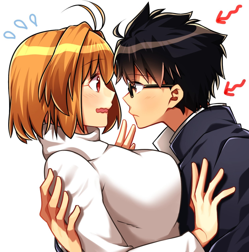 1boy 1girl arcueid_brunestud black_eyes black_hair blonde_hair blush breasts couple exa_(koyuru) eyebrows_visible_through_hair eyes_visible_through_hair glasses hair_intakes highres hug large_breasts long_sleeves red_eyes school_uniform short_hair sweater toono_shiki tsukihime tukihimegoto turtleneck white_background