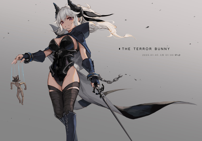 1girl ahoge black_cape black_footwear black_gloves black_legwear black_leotard blush boots breasts bunny_tail cape cleavage commentary dated elbow_gloves empty_eyes english_commentary english_text feet_out_of_frame fingerless_gloves gloves gradient gradient_background grey_background highres holding holding_sword holding_weapon horns jakoujika knee_boots large_breasts leotard long_hair looking_at_viewer original parted_lips ponytail puppet puppet_strings purple_eyes sidelocks silver_hair smile solo standing strapless strapless_leotard sword tail thighhighs weapon