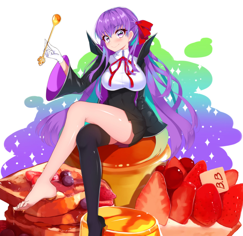 1girl bangs barefoot bb_(fate)_(all) bb_(fate/extra_ccc) black_coat black_legwear black_skirt blueberry blush breasts cheesecake closed_mouth coat crossed_legs fate/extra fate/extra_ccc fate_(series) food french_toast fruit gloves hair_ribbon high-waist_skirt highres large_breasts legs leotard long_hair long_sleeves looking_at_viewer neck_ribbon open_clothes open_coat oversized_food popped_collar pudding purple_eyes purple_hair red_ribbon ribbon single_thighhigh sitting skirt smile solo sparkle spoon strawberry syrup thighhighs very_long_hair white_background white_gloves white_leotard wide_sleeves yuruto