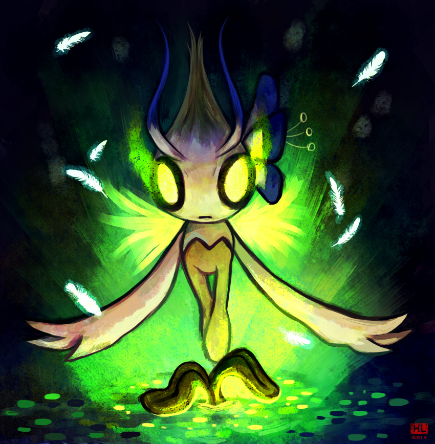 2012 ambiguous_gender celebi digital_media_(artwork) feathers glowing glowing_eyes green_eyes haychel hi_res humanoid legendary_pok&eacute;mon looking_at_viewer nintendo plant pok&eacute;mon pok&eacute;mon_(species) solo video_games white_body white_feathers