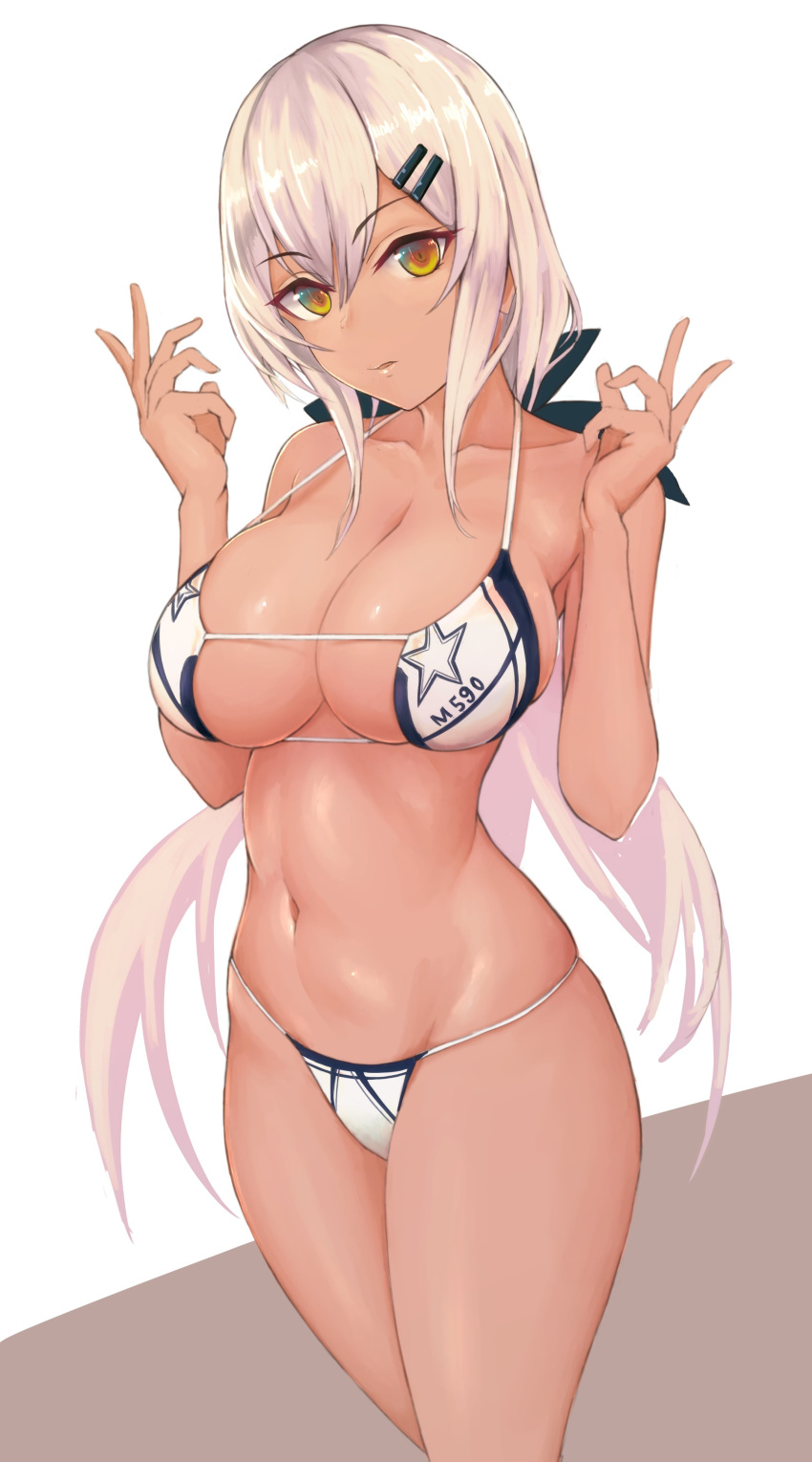 1girl absurdres bare_arms bare_shoulders bikini breasts character_name cleavage collarbone commentary_request dark_skin franz_(217franz) girls_frontline groin hair_ornament hairclip halter_top halterneck hands_up highres large_breasts long_hair looking_at_viewer m590_(girls_frontline) navel parted_lips skindentation solo stomach strap_gap swimsuit thighs very_long_hair white_bikini white_hair yellow_eyes