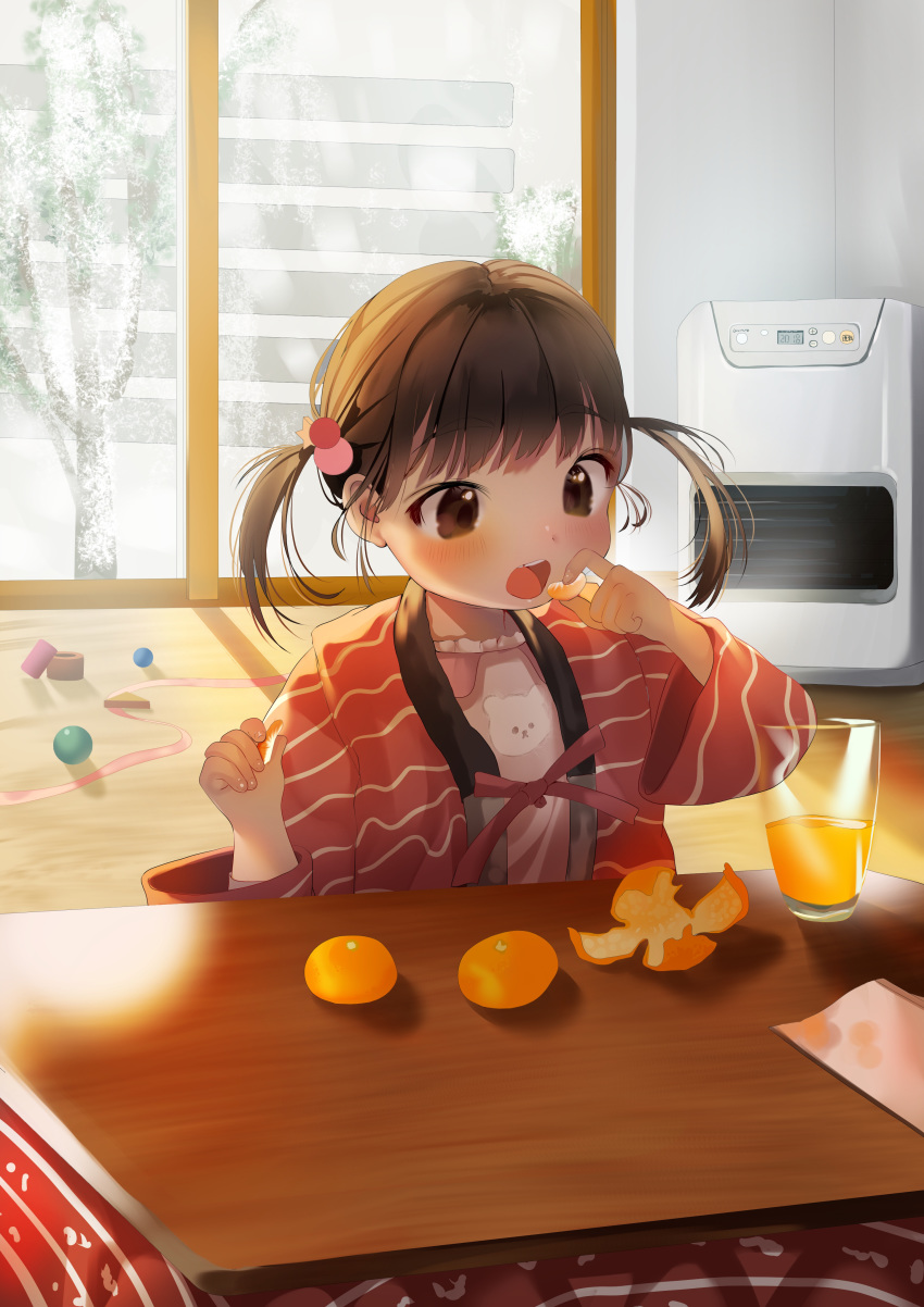 1girl absurdres animal_print bare_tree bear_print brown_eyes brown_hair chanchanko_(clothes) commentary_request cup drinking_glass fingernails food fruit hair_bobbles hair_ornament heater highres holding holding_food indoors inushima kotatsu long_sleeves mandarin_orange open_mouth orange_juice original shirt solo star star_hair_ornament table tooth_gap tree twintails upper_body upper_teeth white_shirt wide_sleeves window