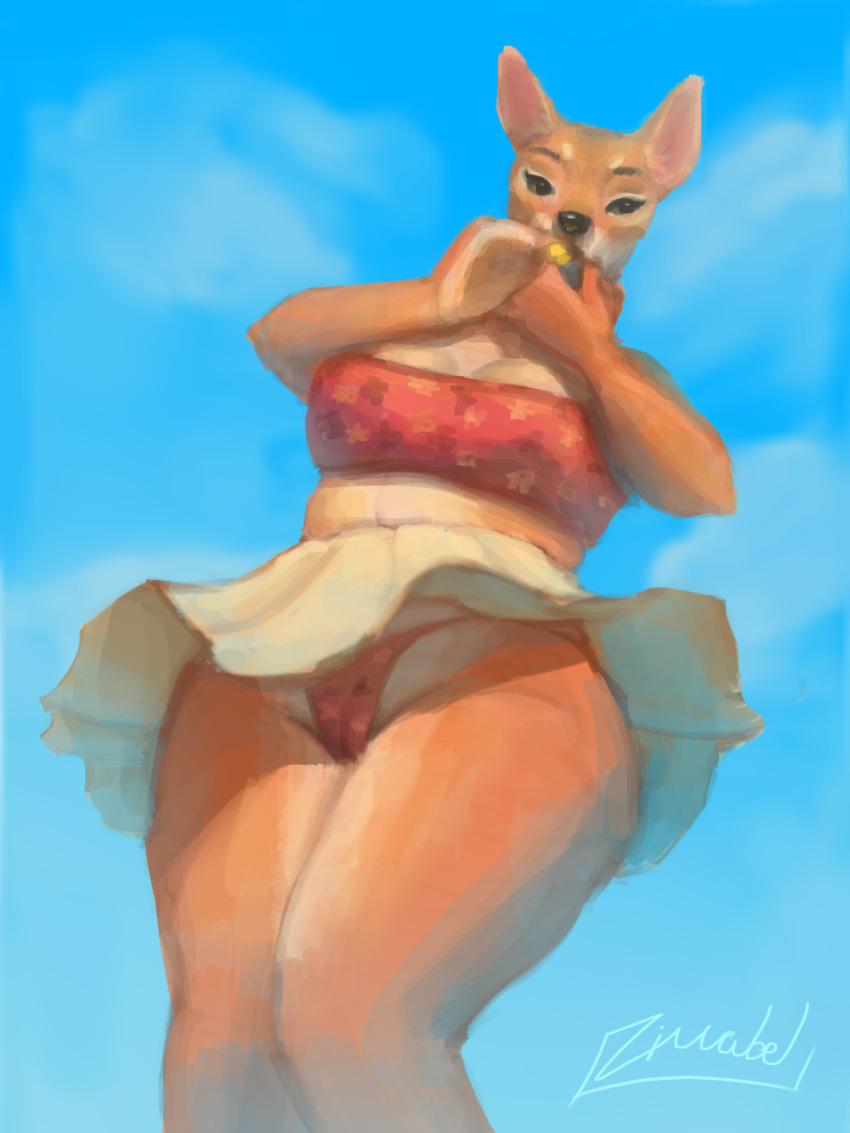 2019 anthro blue_sky bottomwear camel_toe canid canine canis cassandra_(zimabel) chihuahua cigarette clothed clothing curvy_figure digital_media_(artwork) domestic_dog drugs eyebrows female fur green_eyes lighter mammal marijuana miniskirt orange_body orange_fur outside pattern_clothing pattern_swimwear pinup pose raised_clothing raised_skirt signature skimpy skirt sky slightly_chubby smoking solo standing swimwear tan_body tan_fur thick_thighs thong toy_dog tube_top underwear upskirt voluptuous white_bottomwear white_clothing white_skirt zimabel