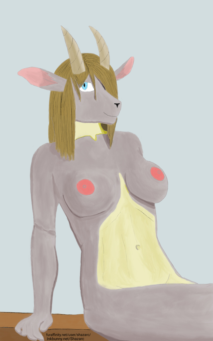 anthro bangs blue_eyes bovid breasts caprine concealed_genitals female goat hair horn invalid_tag looking_at_viewer mammal navel nipples non_sexual poseing shazarc simple_background sitting smile solo