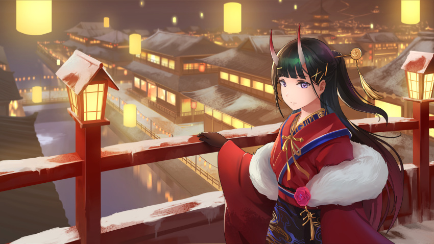 1girl architecture azur_lane bangs black_gloves black_hair blunt_bangs bridge closed_mouth commentary_request east_asian_architecture expressionless fur-trimmed_kimono fur_trim gan-viking gloves hair_ornament hairclip hairpin half_updo highres horns japanese_clothes kimono lantern long_hair looking_at_viewer noshiro_(azur_lane) noshiro_(uncharted_festival_grounds?)_(azur_lane) obi oni_horns paper_lantern purple_eyes red_kimono river sash scenery snow solo standing straight_hair town x_hair_ornament