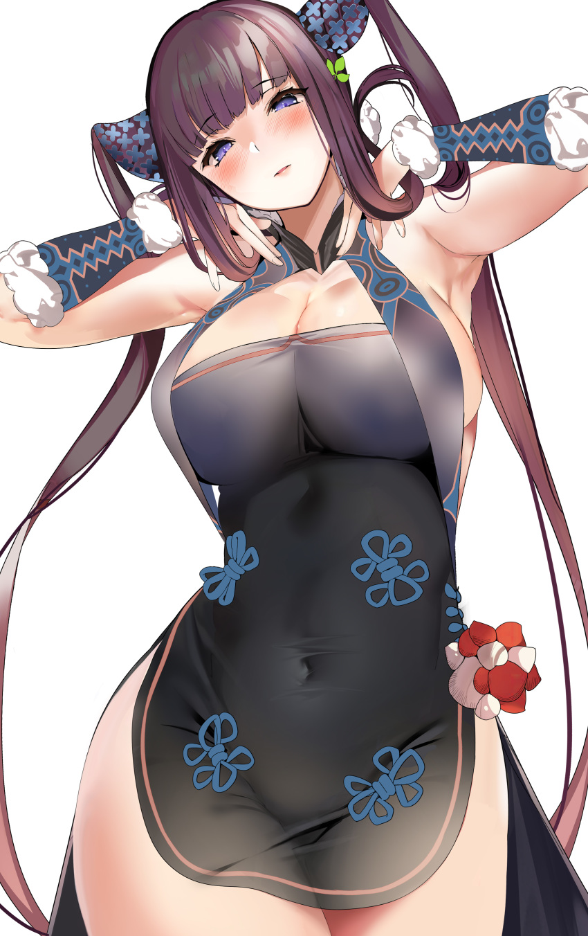 1girl absurdres armpits bangs bare_shoulders black_dress blue_eyes blunt_bangs blush breasts china_dress chinese_clothes cleavage covered_navel detached_sleeves dress fate/grand_order fate_(series) hair_ornament highres large_breasts leaf_hair_ornament long_hair looking_at_viewer marushin_(denwa0214) parted_lips purple_hair sidelocks simple_background solo twintails very_long_hair white_background yang_guifei_(fate/grand_order)