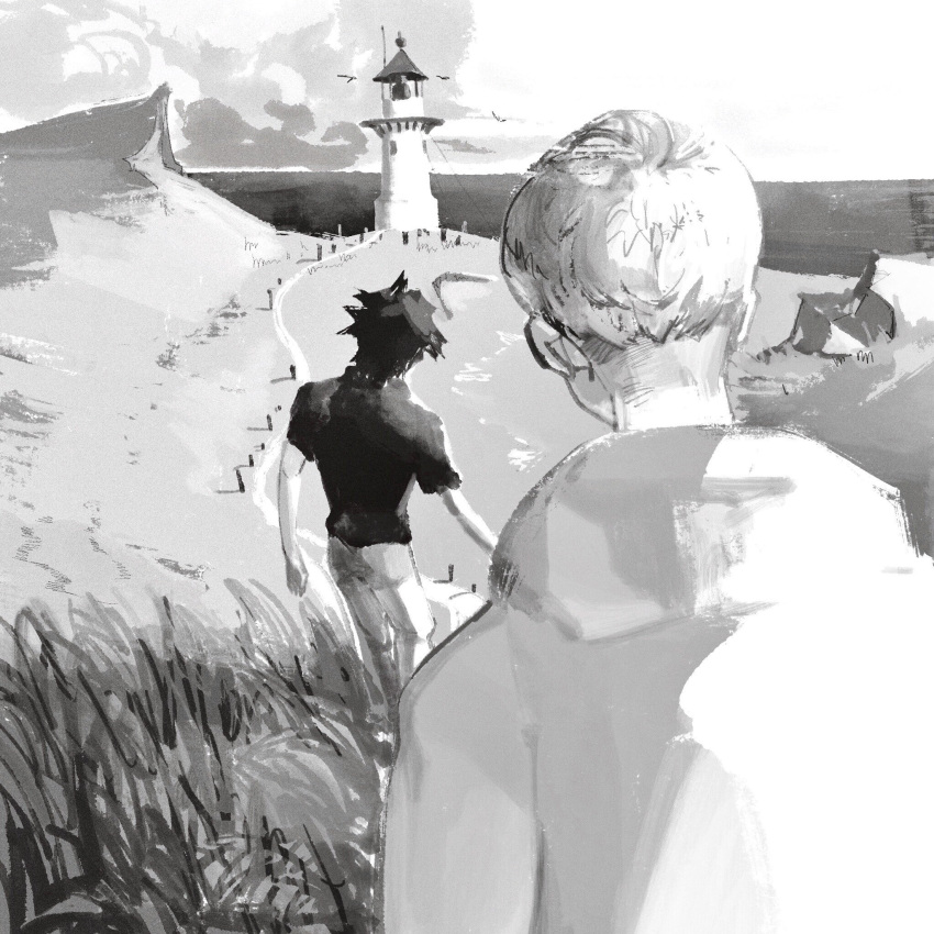 2boys asuka_ryou black_hair devilman devilman_crybaby from_behind fudou_akira grasslands greyscale highres jenn59959 lighthouse male_focus monochrome multiple_boys outdoors short_sleeves walking watch