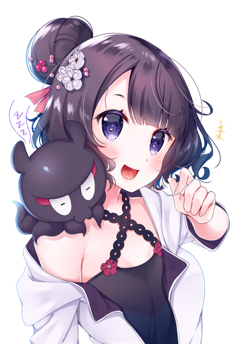 +++ 1girl :d animal animal_on_shoulder bangs black_dress black_hair blush closed_eyes commentary_request criss-cross_halter dress eyebrows_visible_through_hair fate/grand_order fate_(series) hair_bun hair_ornament halterneck highres jacket katsushika_hokusai_(fate/grand_order) ko_yu long_sleeves looking_at_viewer octopus off_shoulder open_clothes open_jacket open_mouth purple_eyes simple_background sleeping smile tokitarou_(fate/grand_order) upper_body white_background white_jacket zzz