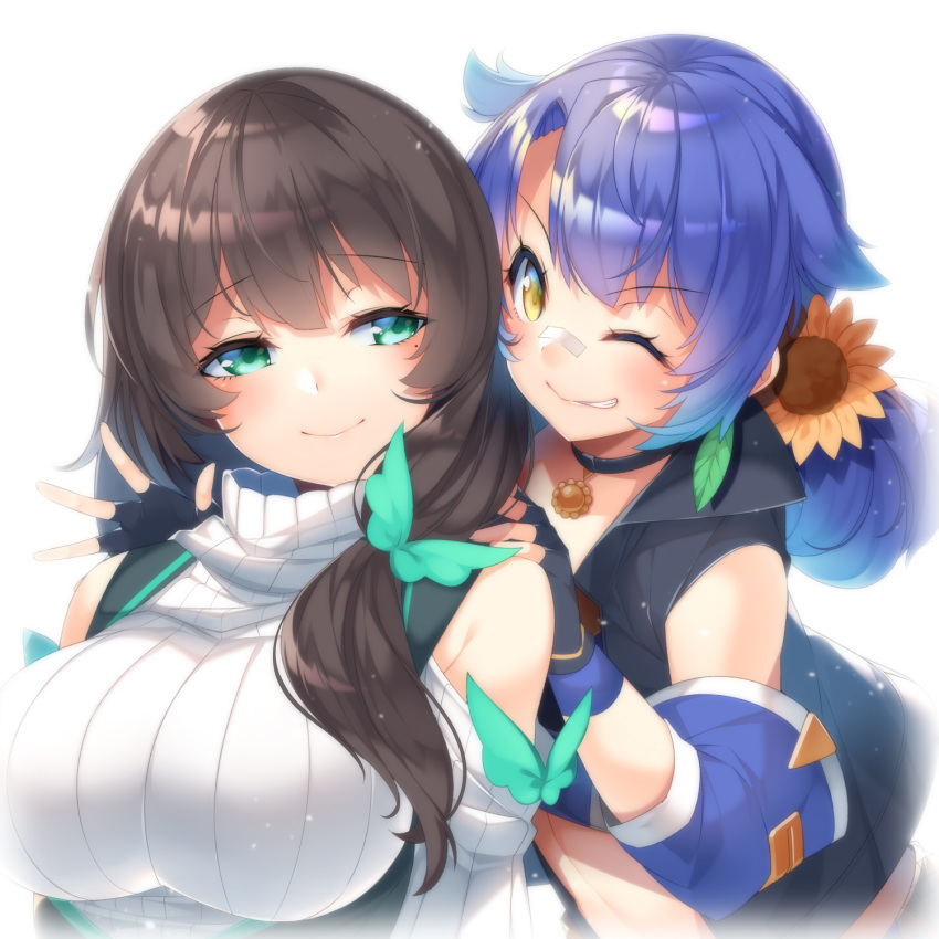 2girls bandaid bandaid_on_nose bangs blue_hair breasts brown_hair choker detached_sleeves eyebrows_visible_through_hair fingerless_gloves flower gloves green_eyes hair_flaps hair_flower hair_ornament hanano_mitsu hero_channel highres kokka_han large_breasts long_hair looking_at_another minamori_hero multiple_girls one_eye_closed shoulder_cutout sunflower_hair_ornament upper_body virtual_youtuber white_background yellow_eyes