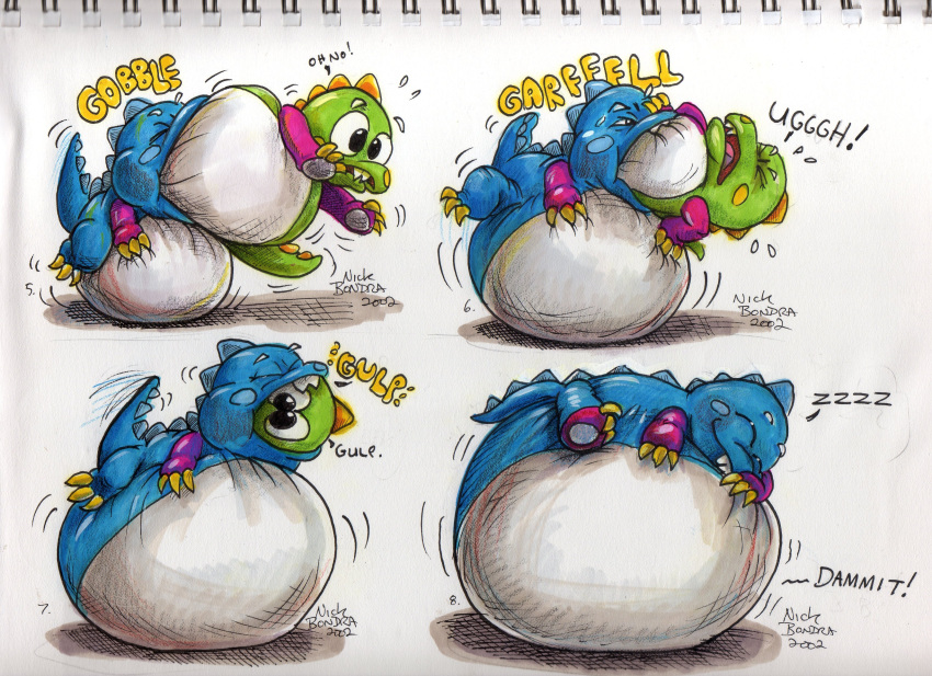 2002 3_fingers 3_toes belly big_belly bob_(bubble_bobble) bub bubble_bobble bubble_dragon dinosaur duo english_text feral fingers hi_res hyper hyper_belly nick_bondra reptile scalie sequence simple_background size_difference sleeping sound_effects swallowing taito text toes traditional_media_(artwork) vore white_background zzz