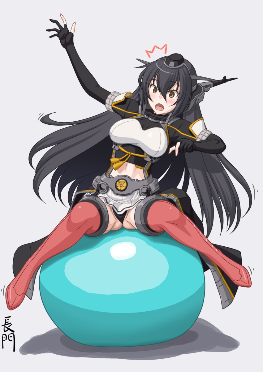 1girl balancing ball black_gloves black_hair black_panties brown_eyes commentary_request elbow_gloves exercise_ball full_body gloves headgear highres kantai_collection long_hair miniskirt nagato_(kantai_collection) panties partly_fingerless_gloves pleated_skirt red_legwear remodel_(kantai_collection) sitting skirt solo spread_legs t2r thighhighs underwear white_skirt