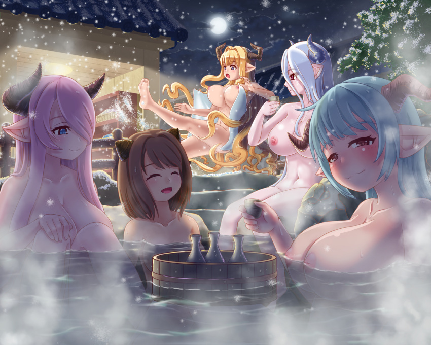 5girls :3 ^_^ alcohol bangs bath bathing blonde_hair blue_eyes blue_hair blush breasts brown_hair bucket choko_(cup) closed_eyes cloud cloudy_sky collarbone commentary_request convenient_censoring cup demon_horns draph eyebrows_visible_through_hair fence floating_breasts full_body full_moon granblue_fantasy hair_between_eyes hair_over_one_eye half-closed_eyes highres holding holding_cup horns huge_breasts hyperhkl izmir lamretta large_breasts lavender_hair light_rays long_hair looking_at_another looking_at_viewer medium_hair moon multiple_girls naked_towel narmaya_(granblue_fantasy) navel night night_sky nude onsen open_mouth outdoors partially_submerged pointy_ears rastina red_eyes rock sake shelf sidelocks silver_hair sitting sky slipping snow snowing soaking_feet steam tokkuri towel tree water wet white_towel wooden_bucket wooden_fence yaia_(granblue_fantasy)