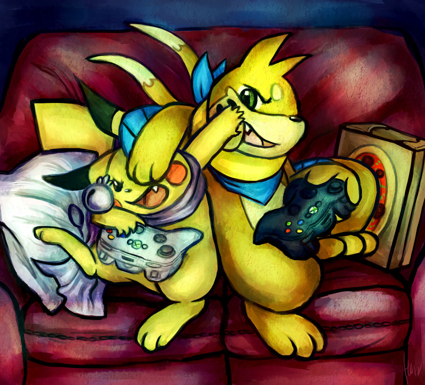 2012 absurd_res ambiguous_gender black_eyes buizel controller digital_media_(artwork) duo fight fur furniture game_controller green_eyes haychel hi_res mammal microsoft nintendo pikachu pillow pok&eacute;mon pok&eacute;mon_(species) rodent sofa video_games xbox xbox_360 xbox_360_controller xbox_controller xbox_game_studios yellow_body yellow_fur