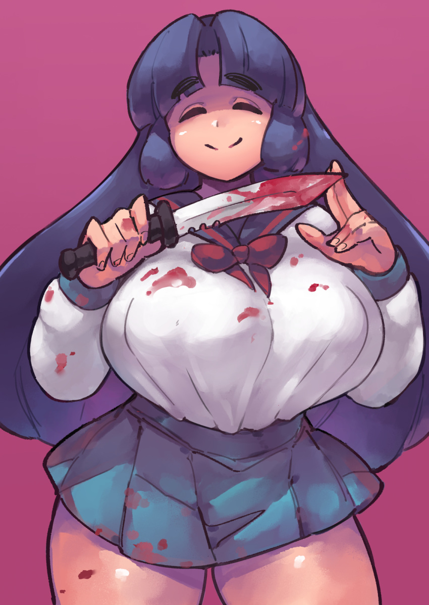 1girl ^_^ asakura_ryouko blood bloody_clothes bloody_knife bloody_weapon blue_sailor_collar blue_skirt breasts closed_eyes combat_knife highres holding holding_knife holding_weapon huge_breasts kita_high_school_uniform knife long_hair pink_background purple_hair rape_face sailor_collar school_uniform serafuku skirt solo suzumiya_haruhi_no_yuuutsu thick_eyebrows thick_thighs thighs weapon yandere zako_(arvinry)