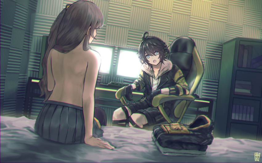 1boy 1girl :o ahoge arm_support armband armchair artist_logo back bangs bed black_hair blue_eyes book bookshelf brown_hair chair clothes_removed commentary_request commission computer deele_(girls_frontline) desk dual_monitor eyebrows_behind_hair from_behind girls_frontline gloves headphones highres hood hooded_jacket jacket keyboard_(computer) looking_at_another monitor mouse_(computer) on_bed ootato pleated_skirt shirt shorts side_ponytail sitting sitting_on_bed skirt tile_wall tiles topless ump45_(girls_frontline) wall white_shirt