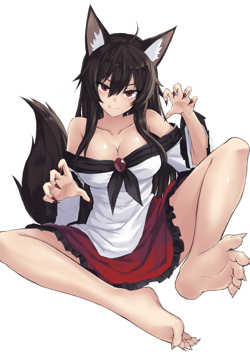 1girl absurdres ahoge animal_ear_fluff animal_ears bangs bare_legs bare_shoulders barefoot black_hair blush breasts brooch cleavage collarbone commentary_request fang fang_out fingernails frilled_sleeves frills hair_between_eyes hand_up head_tilt highres imaizumi_kagerou iwashi_(nisankatanso) jewelry knee_up large_breasts long_hair long_sleeves looking_at_viewer miniskirt nail_polish off-shoulder_shirt off_shoulder red_eyes red_nails red_skirt sharp_fingernails sharp_toenails shirt sidelocks simple_background sitting skirt smile solo tail toenails touhou white_background white_shirt wide_sleeves wolf_ears wolf_tail