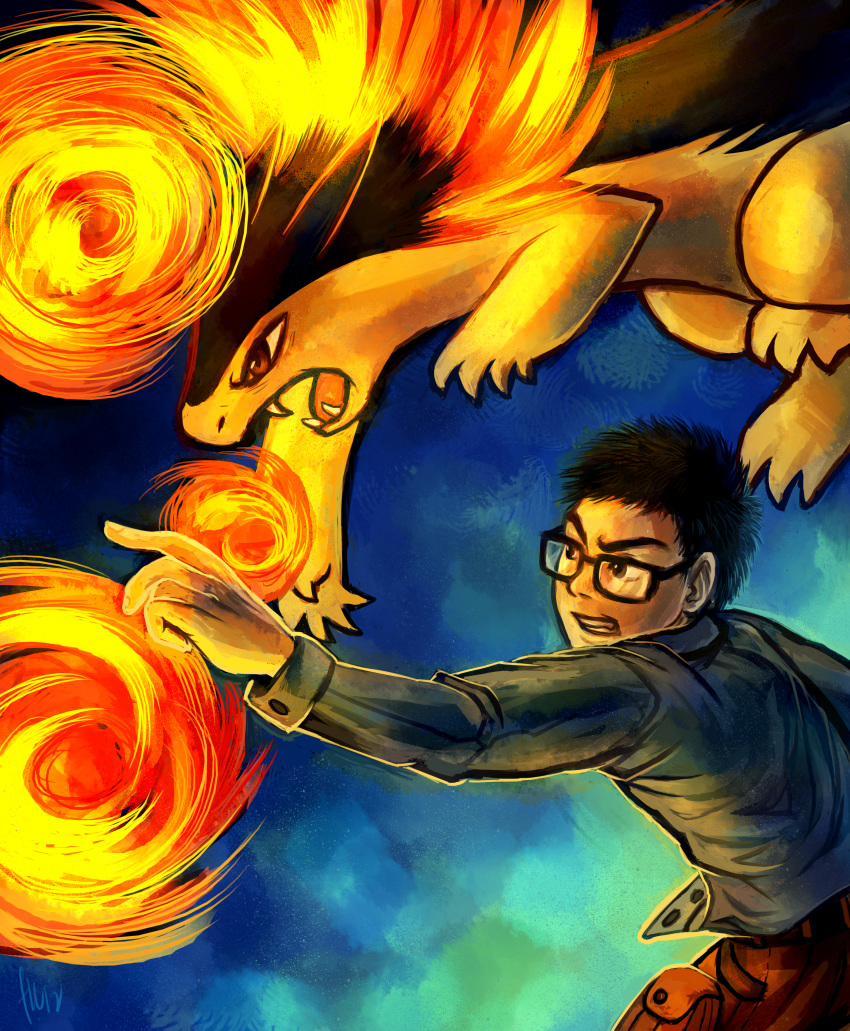 2012 absurd_res black_eyes black_hair digital_media_(artwork) duo eyewear feral fingers fire glasses hair haychel hi_res human male mammal nintendo open_mouth pok&eacute;mon pok&eacute;mon_(species) red_eyes short_hair typhlosion video_games