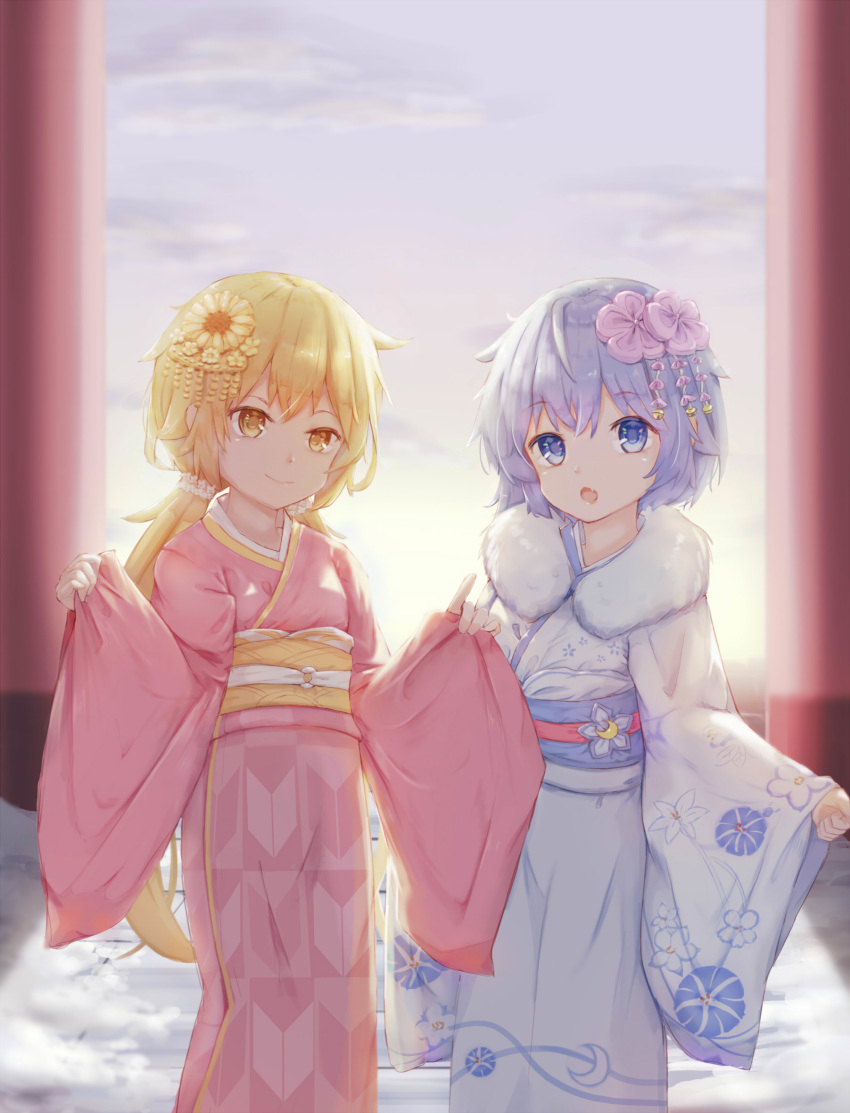 2girls backlighting bangs bell blonde_hair blue_eyes commentary crescent eyebrows_visible_through_hair fang floral_print fur_collar hair_ornament highres index_finger_raised japanese_clothes jingle_bell kantai_collection kanzashi kimono logiclr long_hair looking_at_viewer low_twintails minazuki_(kantai_collection) multiple_girls new_year obi open_mouth outdoors patterned_clothing pavement pink_kimono sash satsuki_(kantai_collection) short_hair silver_hair skin_fang smile snow standing sunrise torii twintails very_long_hair wide_sleeves yellow_eyes