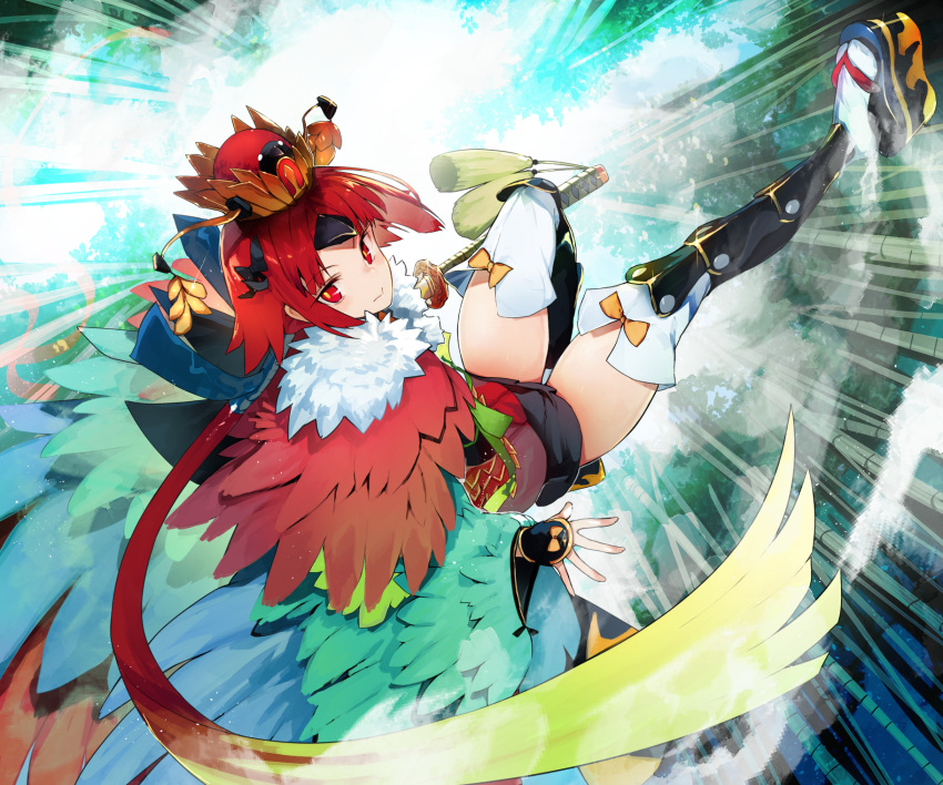 1girl benienma_(fate/grand_order) boots fate/grand_order fate_(series) hat highres holding holding_sword holding_weapon nishiide_kengorou platform_footwear red_eyes red_hair sword thigh_boots thighhighs thighhighs_under_boots weapon white_legwear wide_sleeves