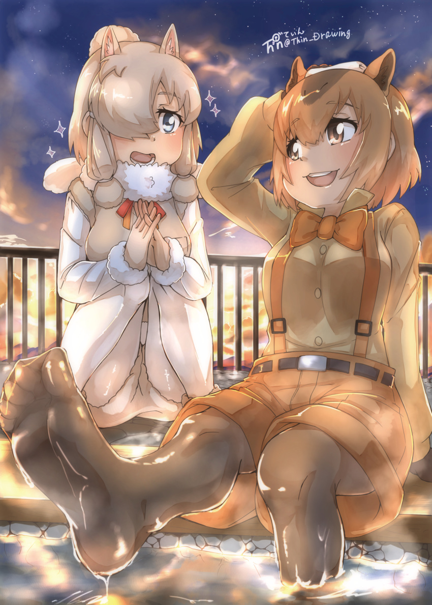 2girls :d absurdres alpaca_ears alpaca_suri_(kemono_friends) animal_ears arm_up artist_logo bangs belt blue_eyes bodystocking bow bowtie breast_pocket brown_eyes brown_hair buttons capybara_(kemono_friends) capybara_ears cloud collared_shirt commentary_request extra_ears eyebrows_visible_through_hair fur-trimmed_sleeves fur_scarf fur_trim hair_bun hair_over_one_eye hands_up highres horizontal_pupils kemono_friends knees_together_feet_apart legwear_under_shorts light_brown_hair long_sleeves medium_hair multicolored_hair multiple_girls open_mouth outdoors outstretched_leg pantyhose pocket railing scarf shirt shorts sidelocks sitting sky smile soles sparkle squatting star_(sky) starry_sky suspender_shorts suspenders thin_(suzuneya) toes towel towel_on_head twilight twitter_username two-tone_hair water wet wet_legwear