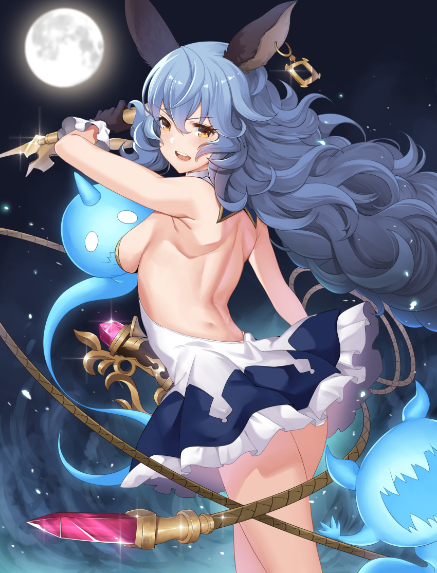 1girl absurdres animal_ears arm_up armpits aura back backless_dress backless_outfit bare_shoulders black_gloves blue_hair blush breasts cowboy_shot curly_hair dress erune ferry_(granblue_fantasy) frilled_dress frills from_behind full_moon ghost gloves granblue_fantasy hair_between_eyes highres holding_whip jewelry long_hair looking_at_viewer looking_back medium_breasts moon nekosama_shugyouchuu night night_sky open_mouth sideboob single_earring sky sleeveless sleeveless_dress solo star_(sky) starry_sky swinging thighs upper_teeth very_long_hair whip yellow_eyes