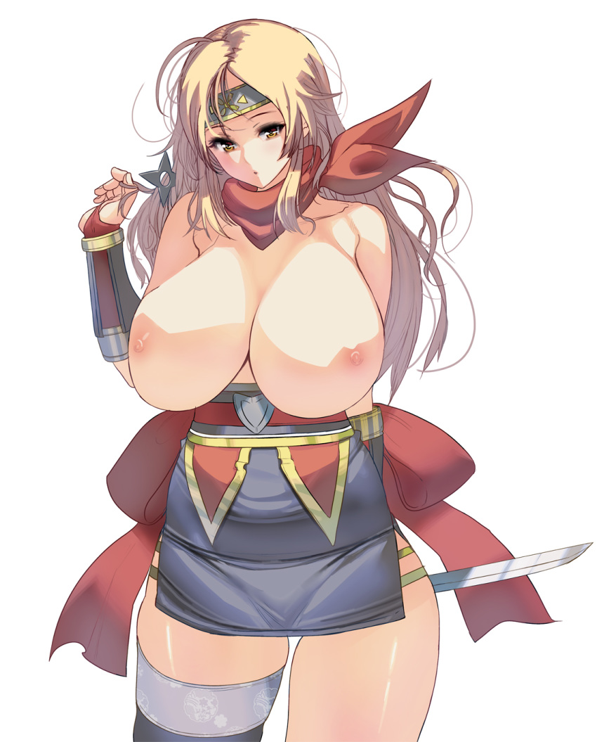 1girl bare_chest bare_shoulders blonde_hair breasts collarbone curvy headband highres large_breasts long_hair masao ninja nipples original plump scarf single_thighhigh solo thighhighs weapon yellow_eyes