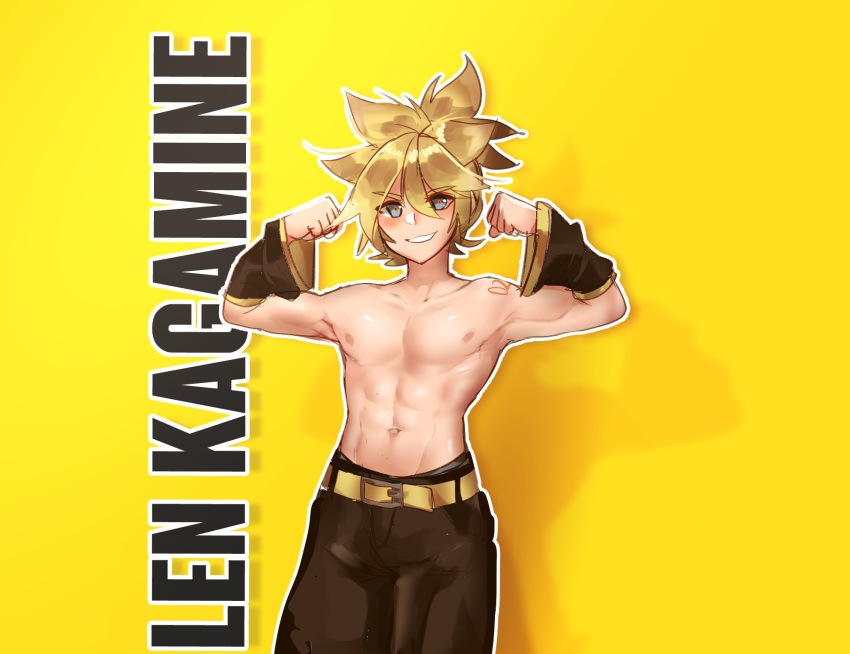 1boy abs belt biceps black_pants black_sleeves blonde_hair blue_eyes blush character_name commentary cowboy_shot detached_sleeves ei_flow english_commentary english_text flexing grin hands_up highres kagamine_len looking_at_viewer male_focus muscle pants pectorals pose shadow shirtless short_hair shoulder_tattoo smile spiked_hair standing tattoo vocaloid yellow_background