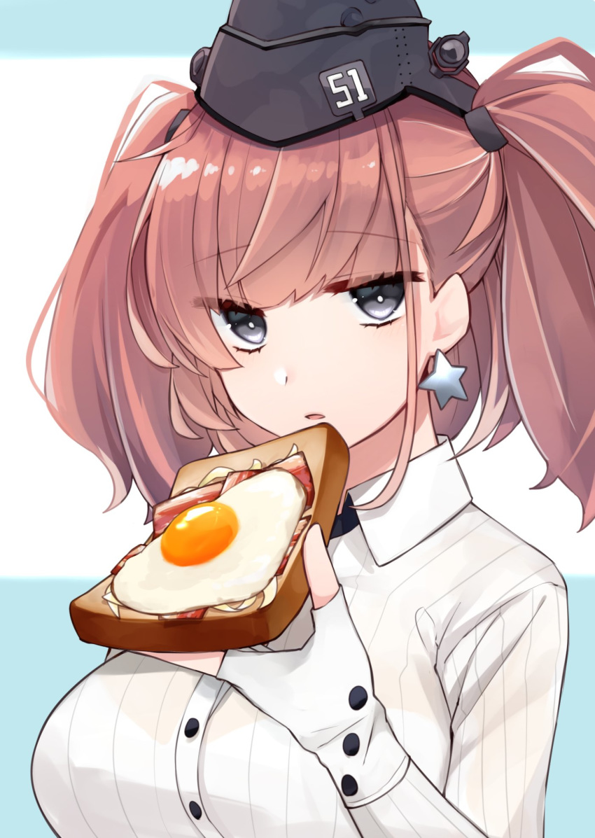 1girl atlanta_(kantai_collection) bacon bangs black_eyes bread breasts brown_hair earrings egg eyebrows_visible_through_hair food garrison_cap gloves hat headgear highres holding holding_food jewelry kantai_collection katsuobushi_(eba_games) large_breasts long_sleeves open_mouth partly_fingerless_gloves single_earring solo star star_earrings sunny_side_up_egg toast twintails upper_body white_gloves