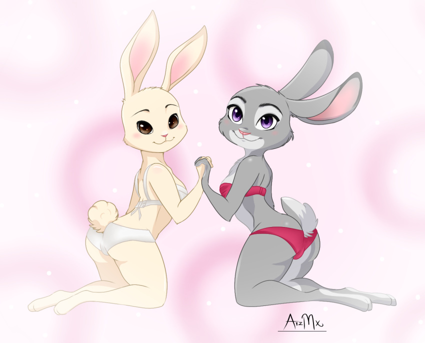 anthro arzmx beastars blush bra breasts brown_eyes butt clothing dipstick_ears disney duo female fur grey_body grey_fur hand_holding haru_(beastars) judy_hopps kneeling lagomorph leporid looking_at_viewer looking_back mammal multicolored_ears panties pink_background pink_nose purple_eyes rabbit scut_tail simple_background smile underwear white_body white_fur zootopia