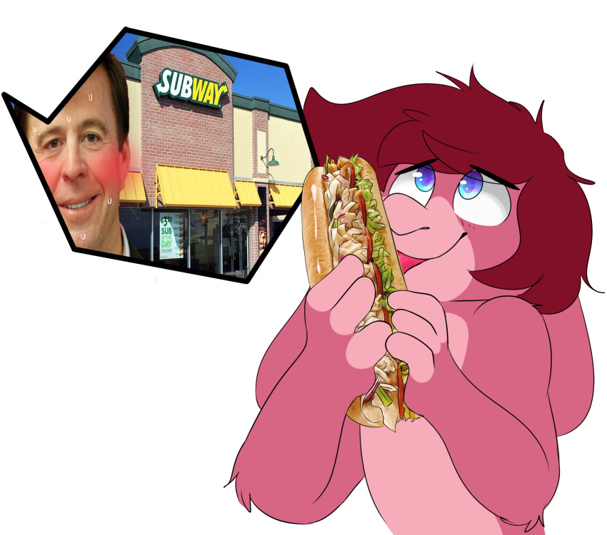 anthro blue_eyes desolatespace food food_play fur hair human humor joey_(disambiguation) lagomorph leporid male mammal pink_body pink_fur rabbit red_hair sandwich_(disambiguation) solo subway_(restaurant) suggestive suggestive_food tongue