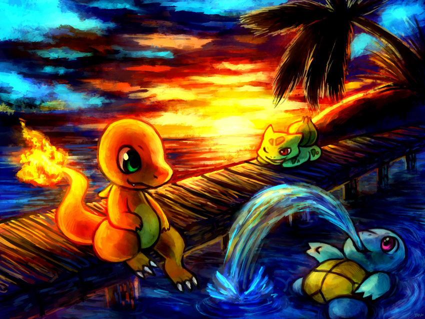 2012 4:3 absurd_res ambiguous_gender blue_body blue_skin bulbasaur charmander detailed_background digital_media_(artwork) fire flaming_tail green_body green_eyes group haychel hi_res nintendo orange_body orange_skin pok&eacute;mon pok&eacute;mon_(species) purple_eyes red_eyes shell squirtle starter_trio sunset tree turtle_shell video_games water wood