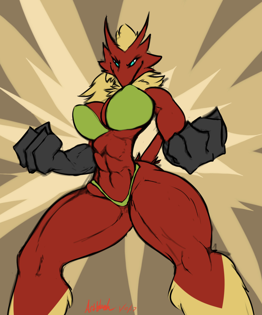 arched_back big_breasts bikini blaziken breasts clothing female fighting_pose flexing muscular nintendo nipple_outline pok&eacute;mon pok&eacute;mon_(species) pose smile solo swimwear thick_thighs video_games