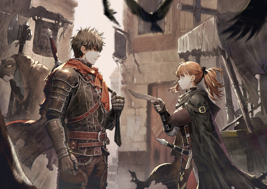 1girl 2boys animal armor axe belt belt_buckle bird black_cloak brown_cloak brown_gloves buckle city cloak closed_mouth fingerless_gloves flying gauntlets gloves highres holding holding_axe holding_paper holding_weapon hood hood_down hood_up jun_(seojh1029) lizardman long_hair looking_at_another multiple_boys orange_eyes orange_hair original outdoors over_shoulder paper pauldrons ponytail red_eyes scabbard sheath sheathed sign stairs standing sword torn_cloak torn_clothes vambraces weapon weapon_on_back