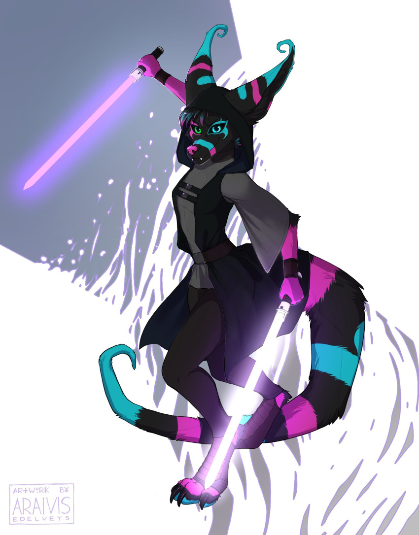 2019 4_toes 5_fingers ambiguous_species anthro araivis-edelveys black_body black_fur black_hair blue_eyes clothed clothing digital_media_(artwork) digitigrade female fingers fur green_eyes hair heterochromia lightsaber mammal purple_nose solo star_wars toes weapon