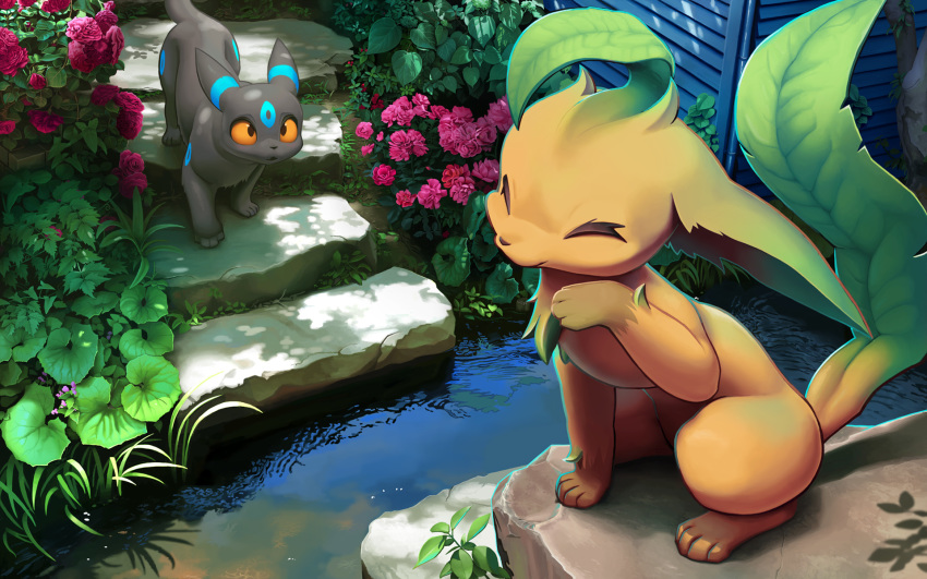 16:10 4_fingers 4_toes all_fours amazing_background ambiguous_gender chest_tuft creek cute_fangs detailed_background eeveelution eyes_closed feral fingers flower leafeon looking_at_another lyc nintendo open_mouth orange_sclera outside plant pok&eacute;mon pok&eacute;mon_(species) quadruped shiny_pok&eacute;mon sitting stairs standing toes tuft umbreon video_games