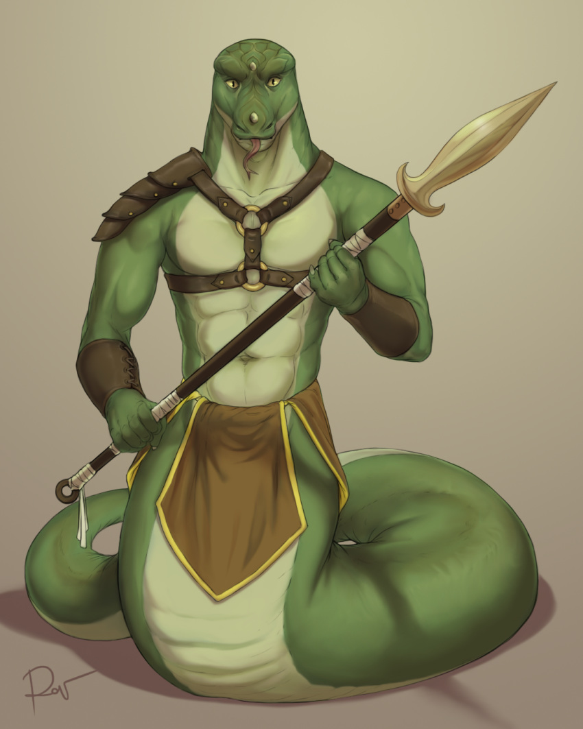 5_fingers abs biceps clothing fingers forked_tongue front_view green_body green_scales holding_object holding_spear holding_weapon loincloth looking_at_viewer male melee_weapon muscular muscular_male naga navel pecs polearm reptile rov scales scalie serpentine shadow slit_pupils snake solo spear tongue weapon