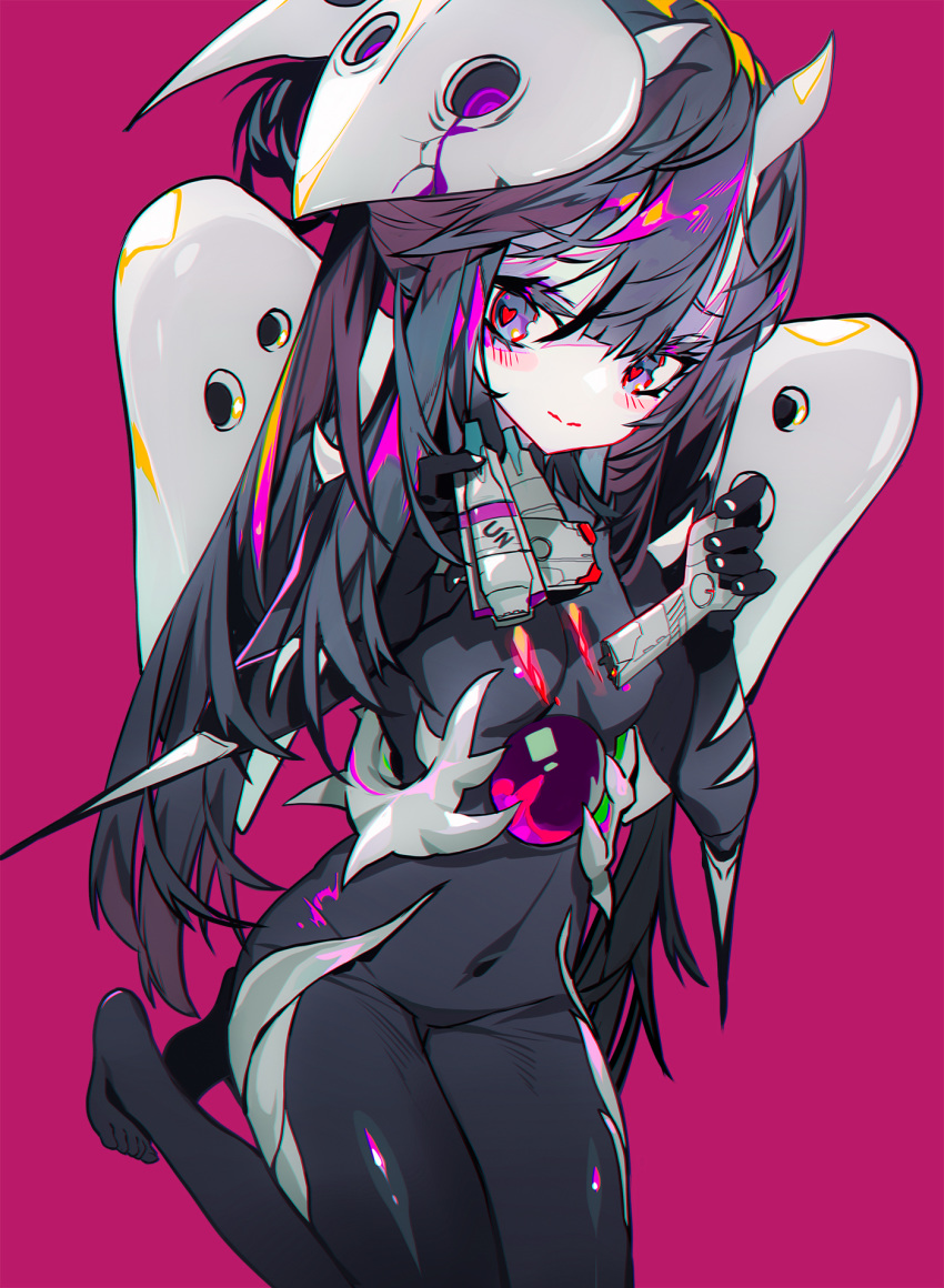 1girl angel_(evangelion) black_hair blush blush_stickers bodysuit breasts core covered_navel covered_nipples grandialee heart heart-shaped_pupils highres holding horns humanization impossible_clothes long_hair looking_at_viewer mask mask_on_head neon_genesis_evangelion purple_eyes red_background sachiel shoulder_armor sidelocks simple_background small_breasts solo spikes symbol-shaped_pupils toes twintails very_long_hair