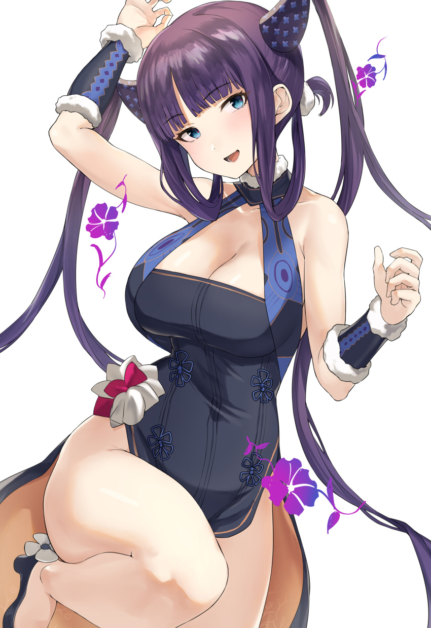 1girl absurdres bangs bare_shoulders black_dress blue_eyes blunt_bangs blush breasts china_dress chinese_clothes cleavage detached_sleeves dress fate/grand_order fate_(series) fujitsubo_(hujitubo0731) hair_ornament highres large_breasts long_hair looking_at_viewer open_mouth smile solo thighs twintails very_long_hair yang_guifei_(fate/grand_order)