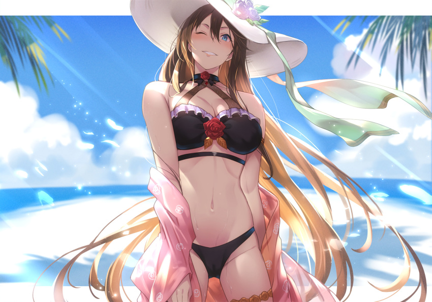 bikini blue_eyes breasts brown_hair cameltoe cleavage clouds granblue_fantasy hat kakage long_hair navel rosetta_(granblue_fantasy) sky swimsuit wink