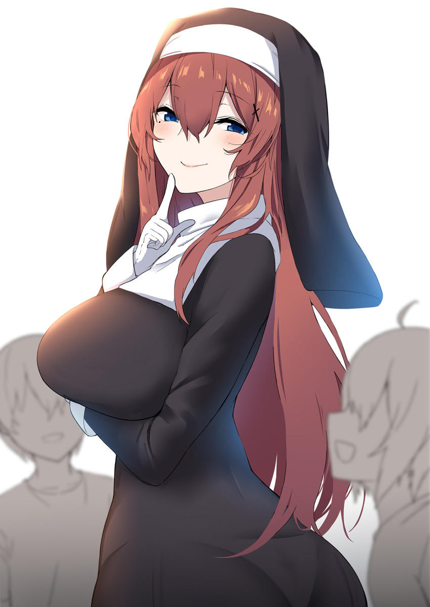 1girl 2boys blue_eyes blush breasts brown_hair gloves habit highres kurifuto large_breasts long_hair long_sleeves looking_at_viewer multiple_boys nun original