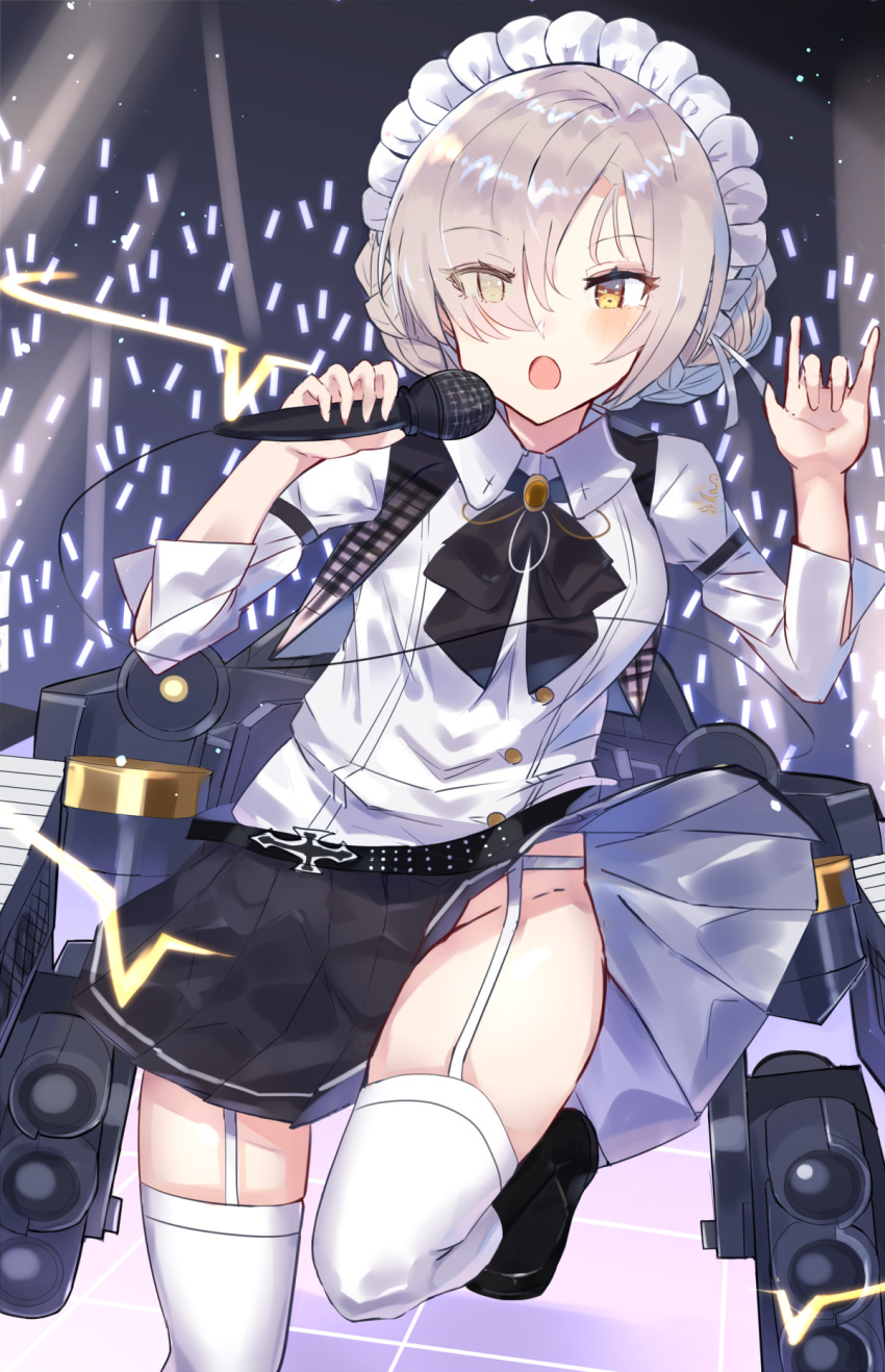 1girl azur_lane bangs belt black_footwear black_neckwear black_skirt blush buttons collared_shirt commentary_request double-breasted eyebrows_visible_through_hair eyes_visible_through_hair garter_belt garter_straps hair_over_one_eye highres holding holding_microphone looking_at_viewer maid_headdress microphone music neckerchief no_panties open_mouth partial_commentary platinum_blonde_hair pleated_skirt revision sheffield_(azur_lane) sheffield_(muse)_(azur_lane) shirt shoes singing skirt solo standing standing_on_one_leg thighhighs thighs white_legwear white_shirt xenonstriker yellow_eyes
