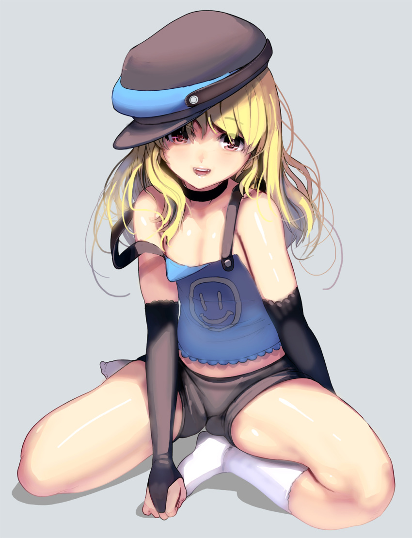 1girl bangs beret bike_shorts blonde_hair breasts bridal_gauntlets choker elbow_gloves eyebrows_visible_through_hair gloves hat highres looking_at_viewer masao open_mouth orange_eyes original sitting small_breasts socks solo strap_slip white_background