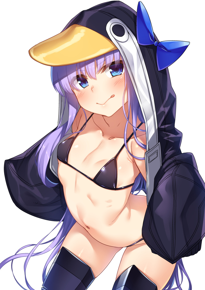 1girl absurdres animal_costume animal_hood bangs bikini black_bikini blue_eyes blush boots breasts closed_mouth eyebrows_visible_through_hair fate/grand_order fate_(series) highres hood long_hair looking_at_viewer meltryllis meltryllis_(swimsuit_lancer)_(fate) navel penguin_costume penguin_hood purple_hair racer_(magnet) sleeves_past_fingers sleeves_past_wrists small_breasts solo swimsuit thigh_boots thighhighs very_long_hair white_background