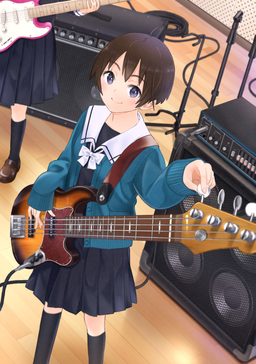 2girls absurdres bangs black_serafuku blue_eyes blush brown_hair cardigan dutch_angle eyebrows_visible_through_hair guitar highres indoors instrument looking_at_viewer multiple_girls original pleated_skirt school_uniform serafuku short_hair skirt sleeves_past_wrists smile solo speaker standing taka_(tsmix)