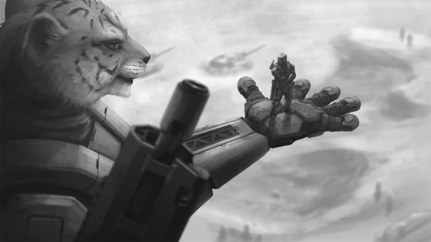 2019 anthro armor blurred_background body_armor cheetah clothed clothing duo felid feline fully_clothed fur greyscale high-angle_view holding_character holding_gun holding_object holding_weapon humanoid inktober inner_ear_fluff ipoke looking_at_another macro mammal monochrome outside tuft weapon