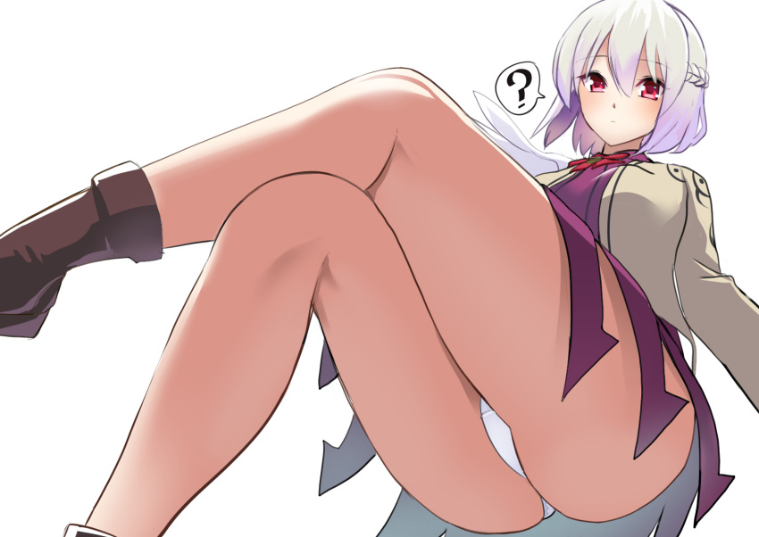 1girl ? amisu angel_wings bangs beige_jacket blush boots bow bowtie braid breasts brown_footwear collared_dress commentary_request crossed_legs dress eyebrows_visible_through_hair eyelashes feathered_wings french_braid hair_between_eyes highres invisible_chair kishin_sagume large_breasts light_smile panties pantyshot purple_dress red_bow red_bowtie red_eyes red_neckwear short_hair silver_hair simple_background single_wing sitting smile solo thick_thighs thighs touhou underwear white_background white_panties wing_collar wings